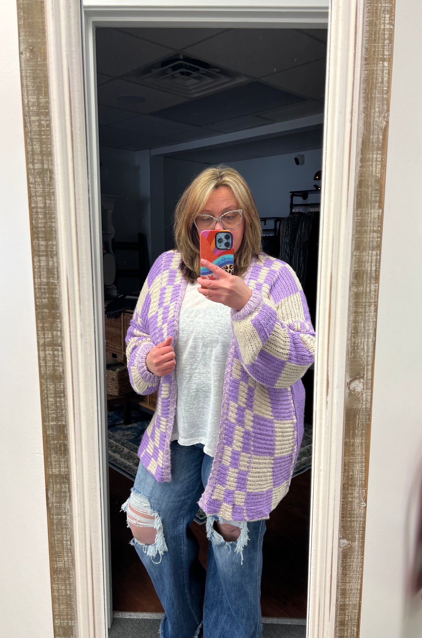 Checkered Lilac + Cream Cardigan