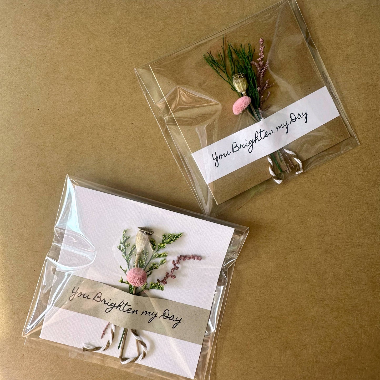 You Brighten My Day Pink Mini Dried Floral Bouquet Card