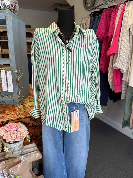 Green Striped Button-Up