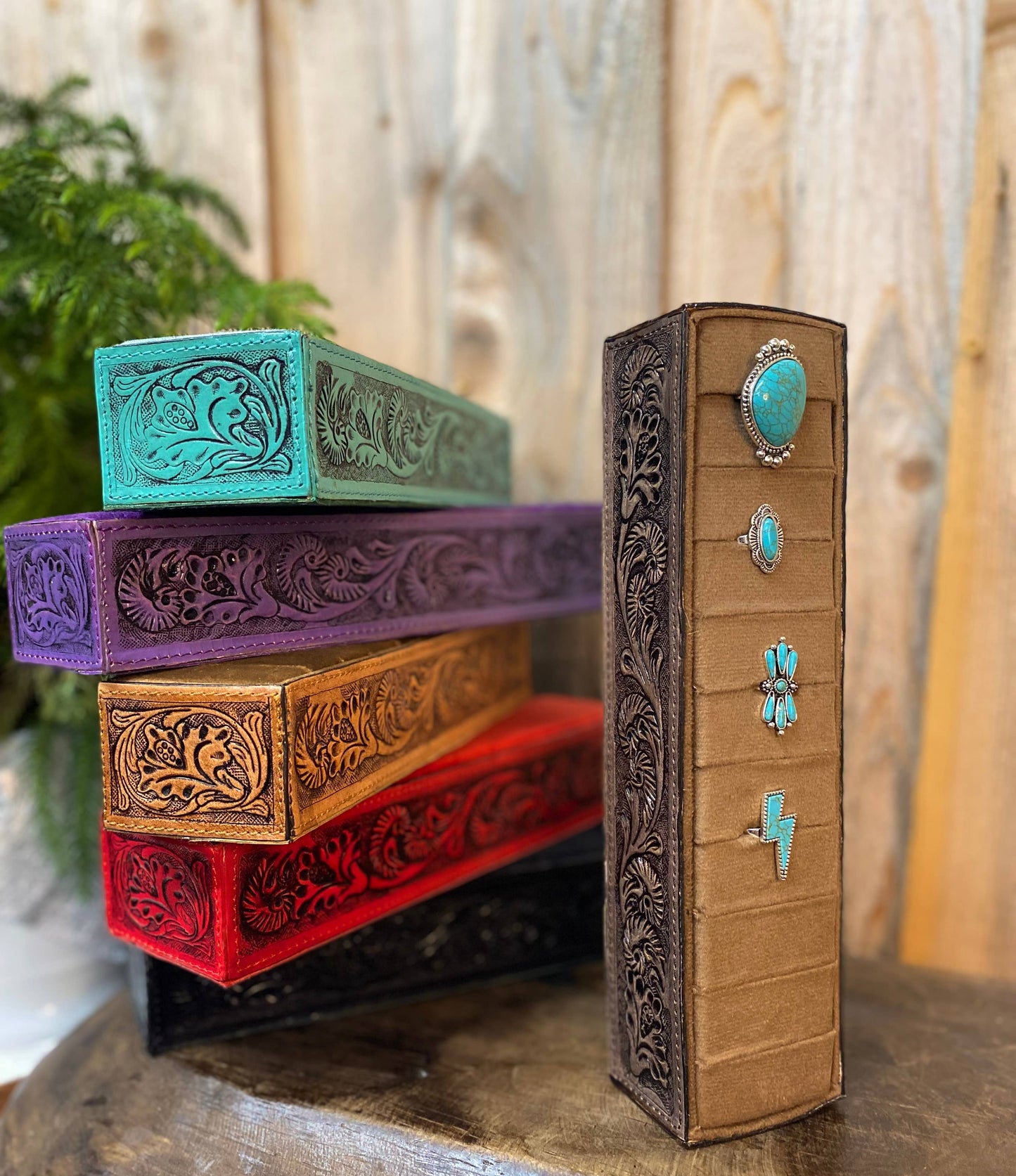 Brown Tooled Leather Ring Holder