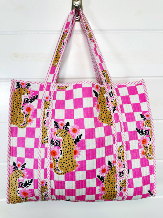 Quilted Tote Bag | Jaguar Print Tote | Large Shopping Tote