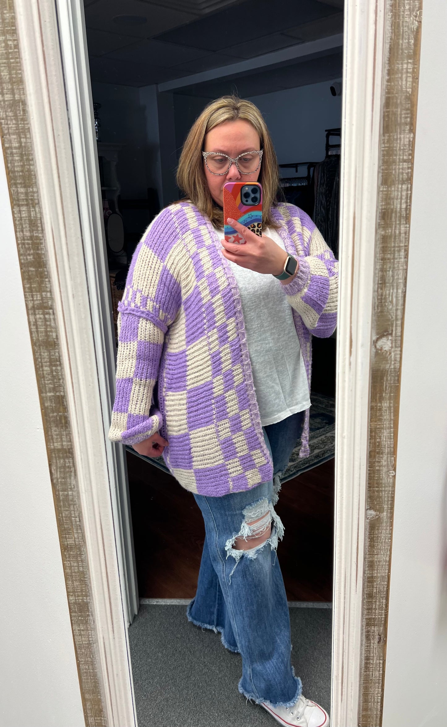 Checkered Lilac + Cream Cardigan