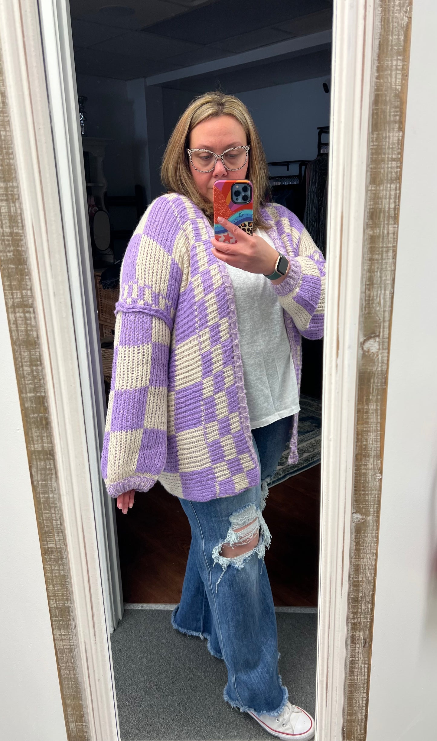 Checkered Lilac + Cream Cardigan