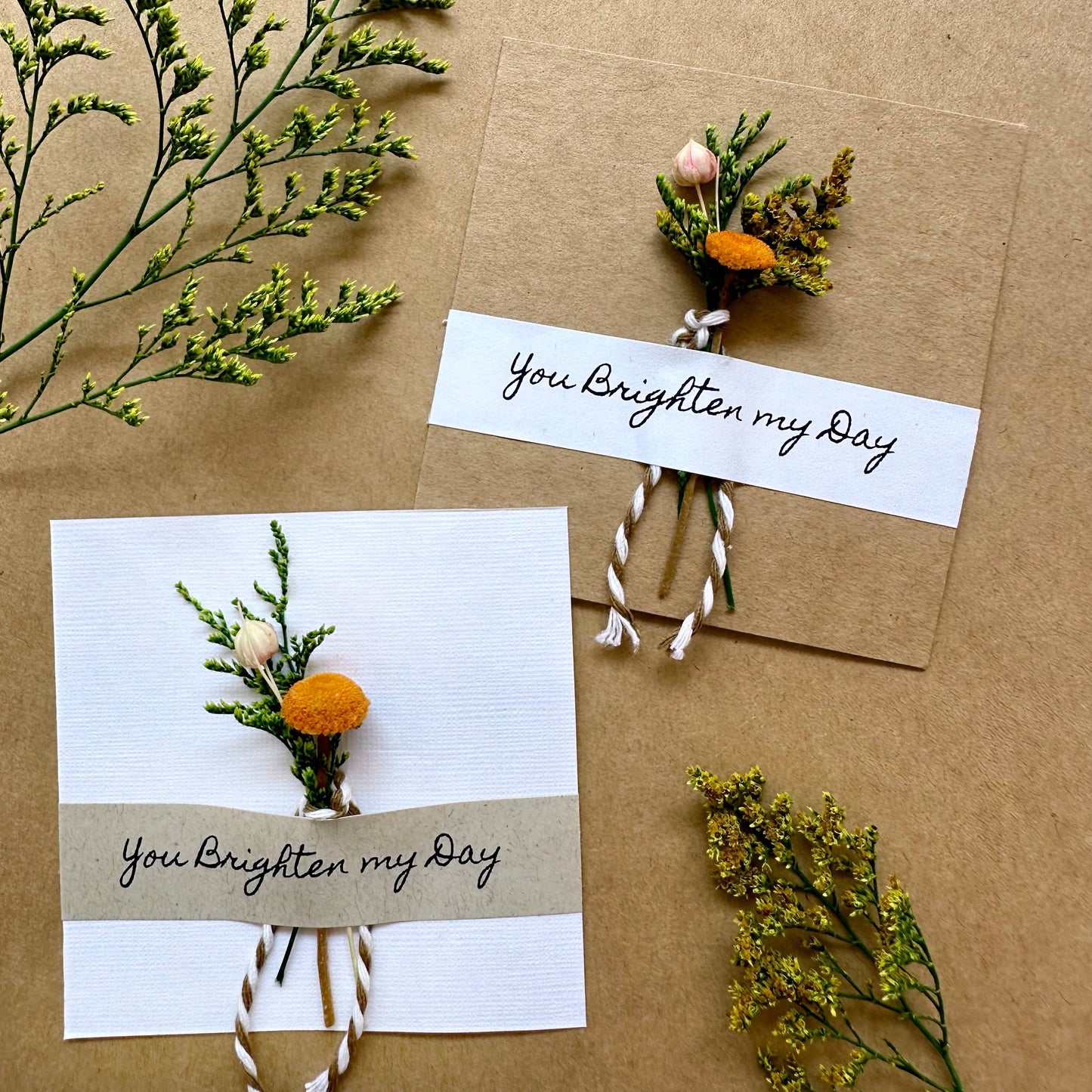 You Brighten My Day Orange Mini Dried Floral Bouquet Card