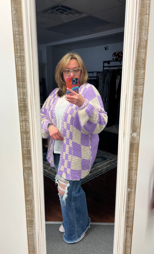 Checkered Lilac + Cream Cardigan