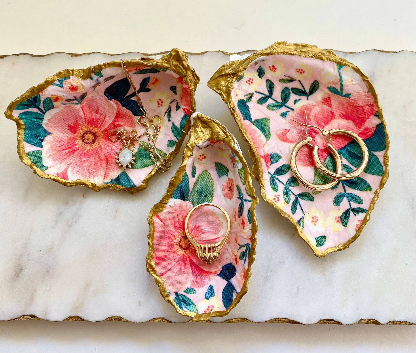 Peony Print Oyster Shell Jewelry Dish