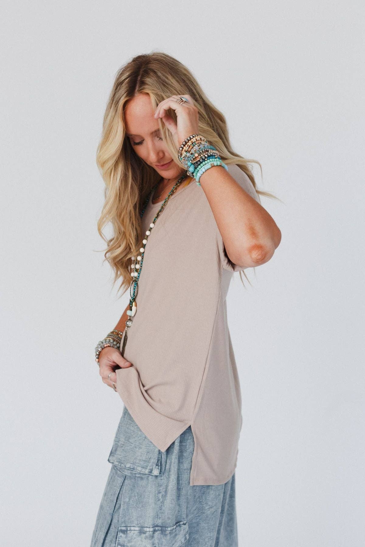 Classic V Neck Top - Sand