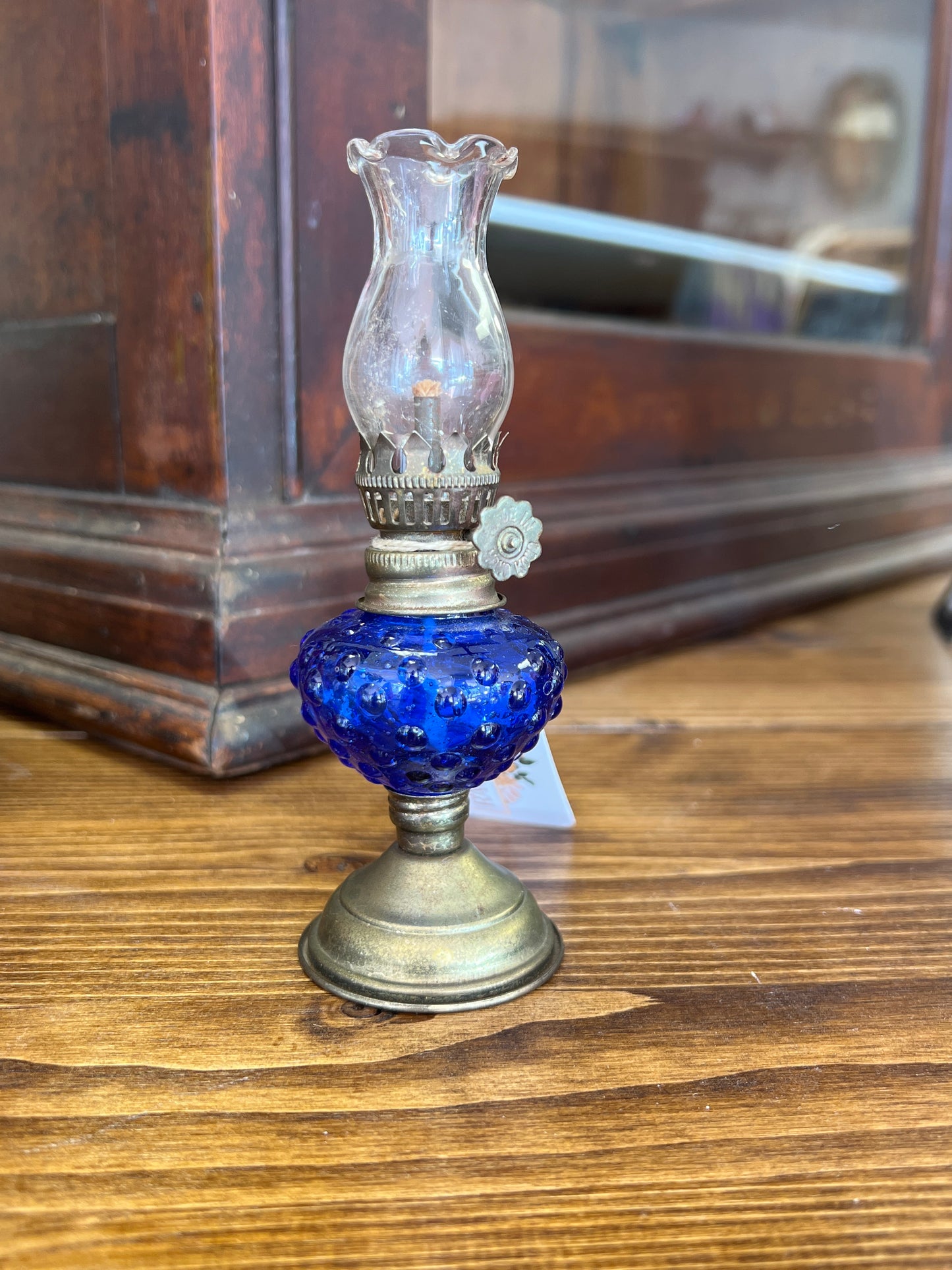 Vintage Mini Cobalt Blue Oil Lamp with Hand Blown Chimney