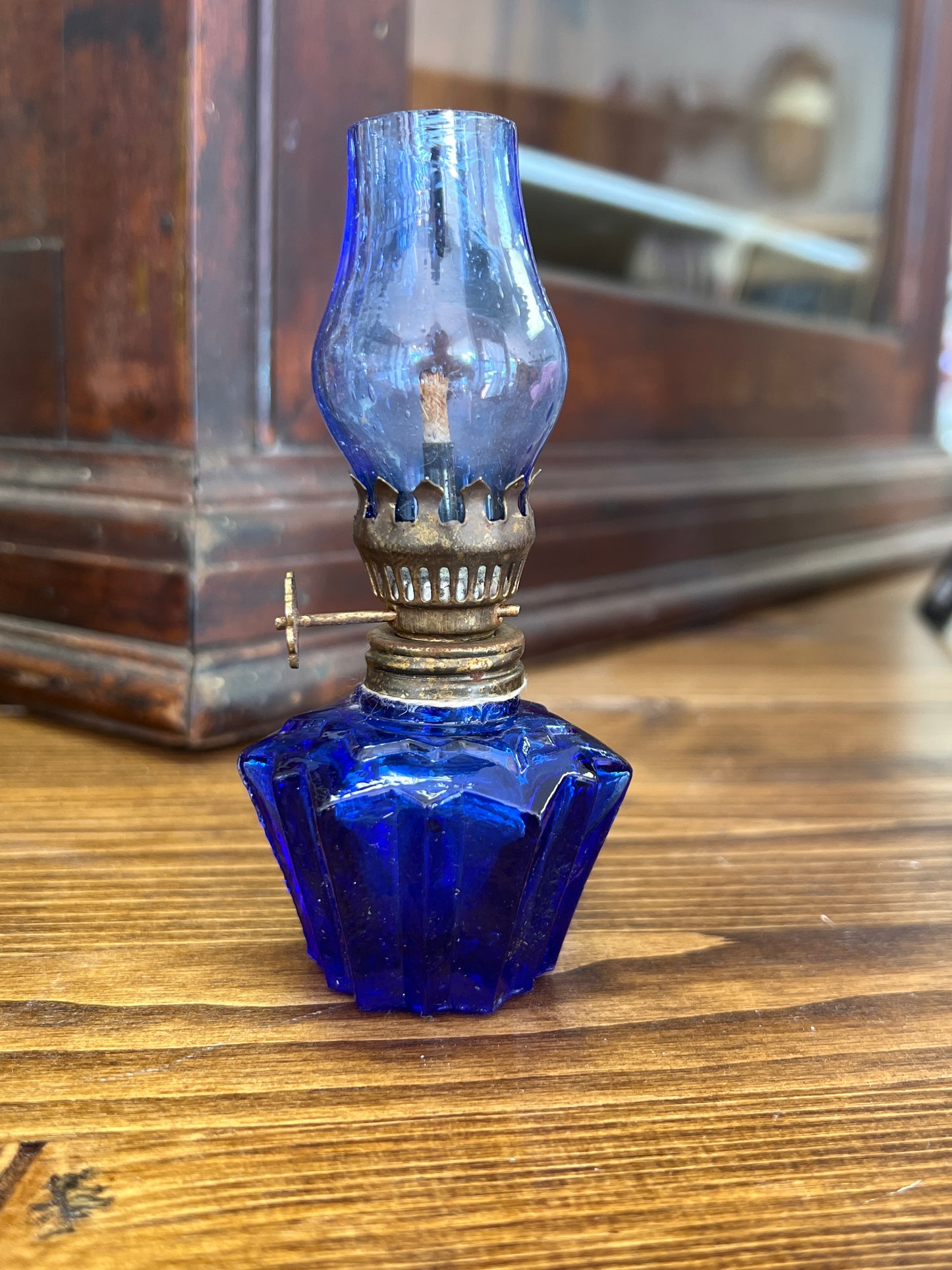 Vintage Mini Cobalt Blue Oil Lamp w/ Hand Blown Chimney