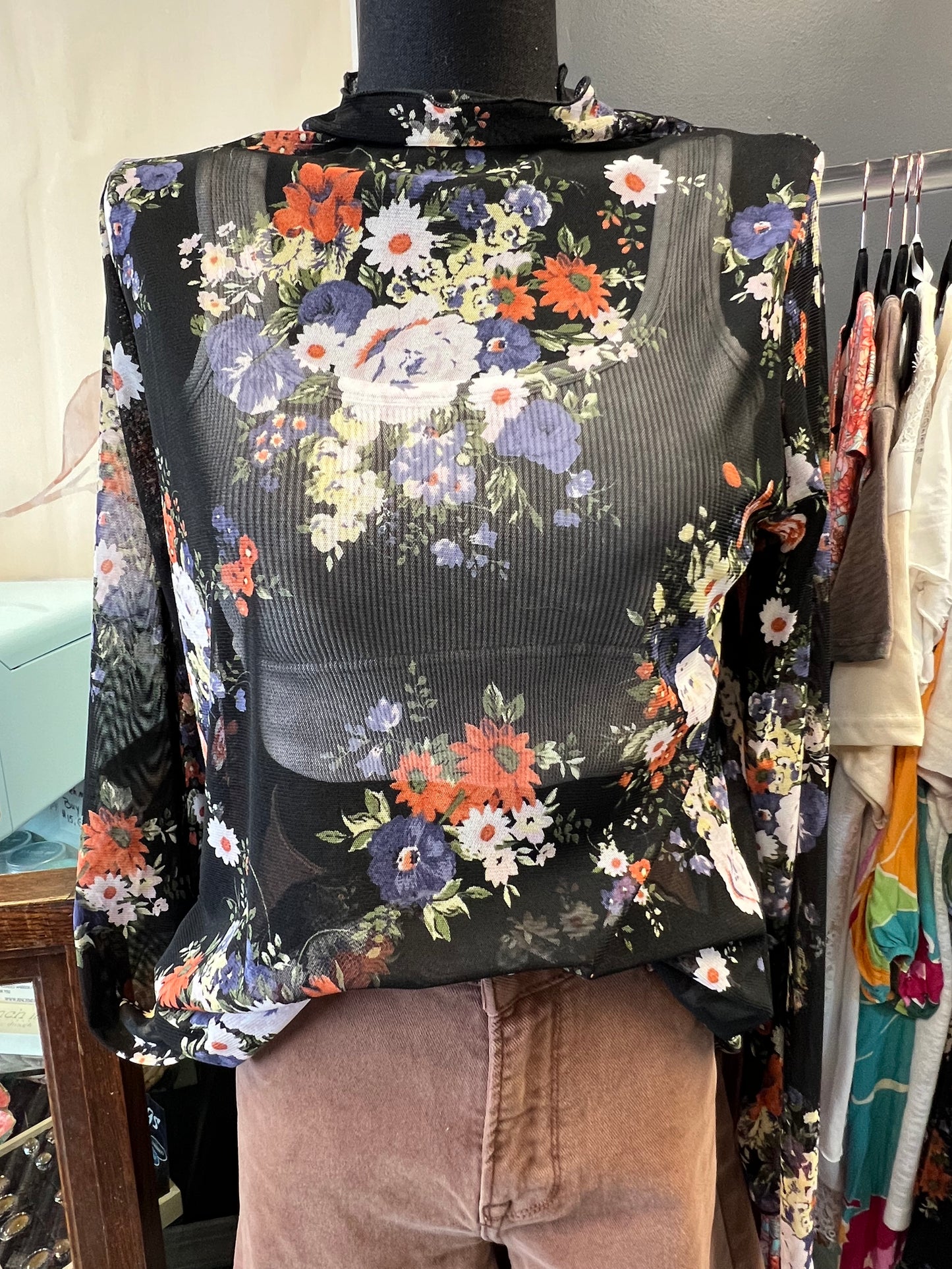 White Birch Mesh Floral Mock neck
