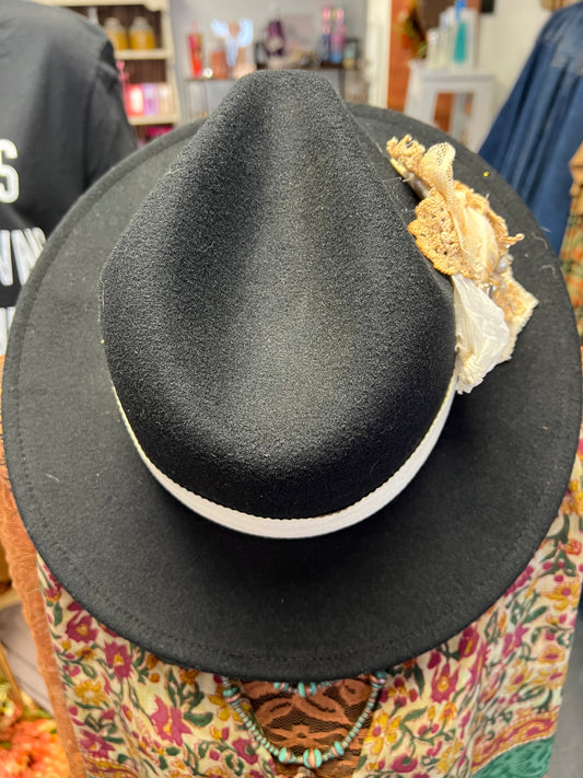 Handcrafted Rancher Hat with Vintage Lace & Pearl Detail