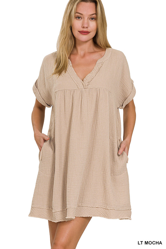 Gauze Raw Edge V-Neck Dress