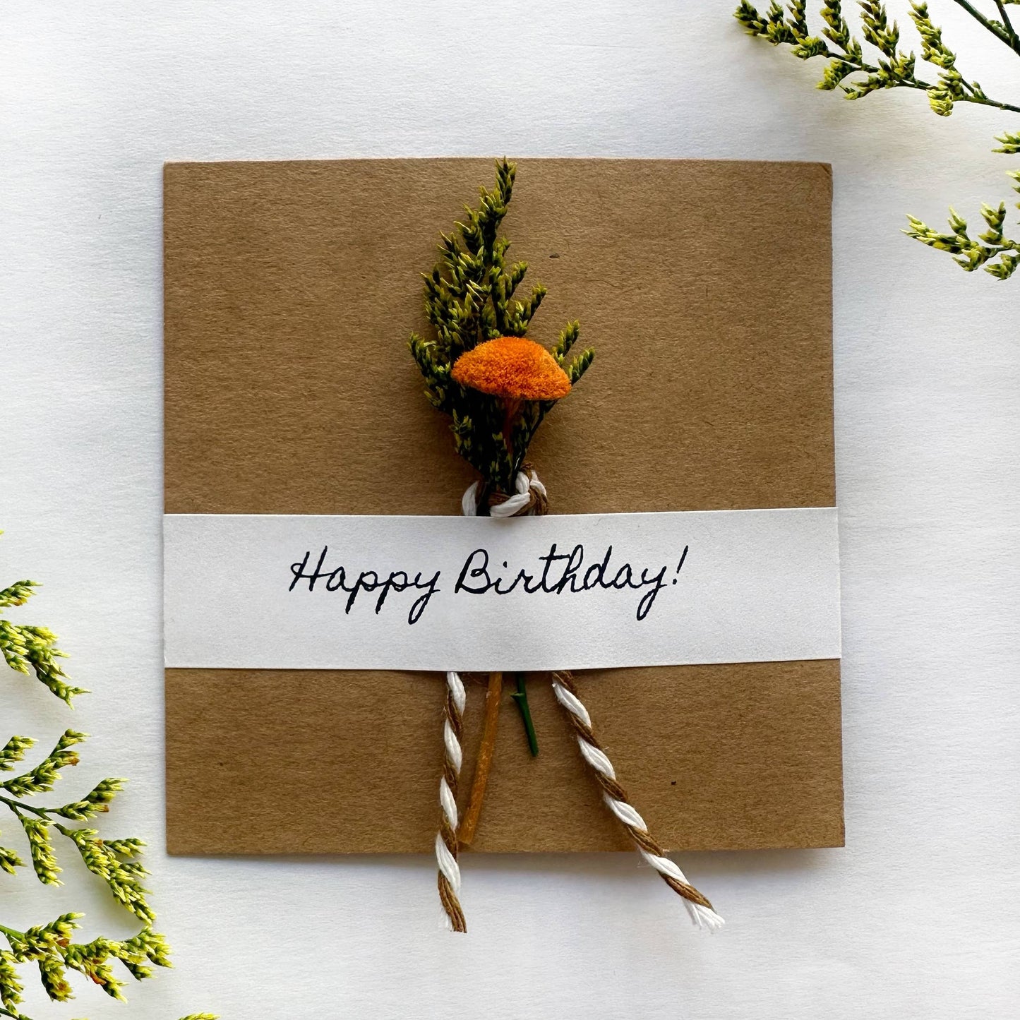 Happy Birthday Mini Orange Dried Floral Bouquet Card