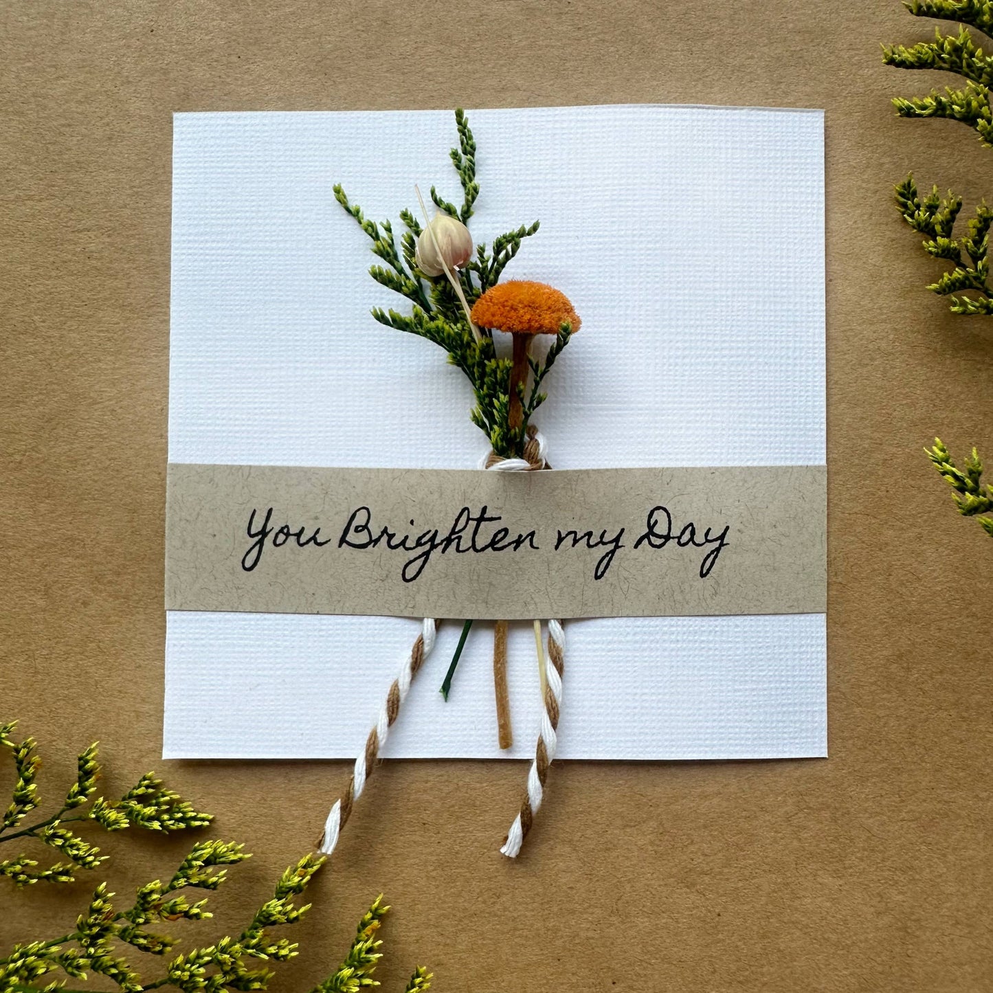 You Brighten My Day Orange Mini Dried Floral Bouquet Card