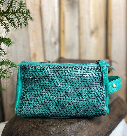 Turquoise Tooled Floral Leather Toiletry Bag