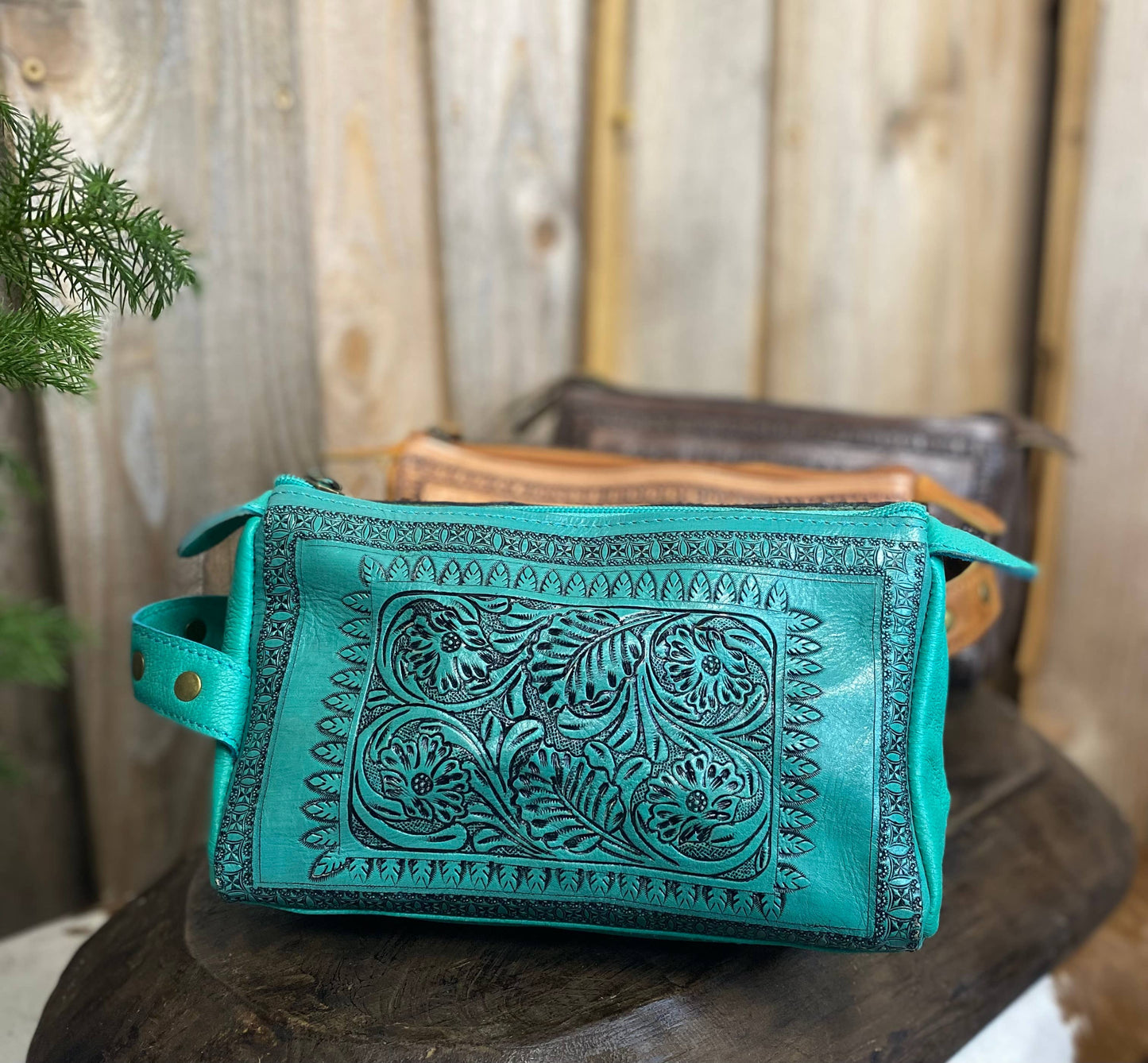 Turquoise Tooled Floral Leather Toiletry Bag