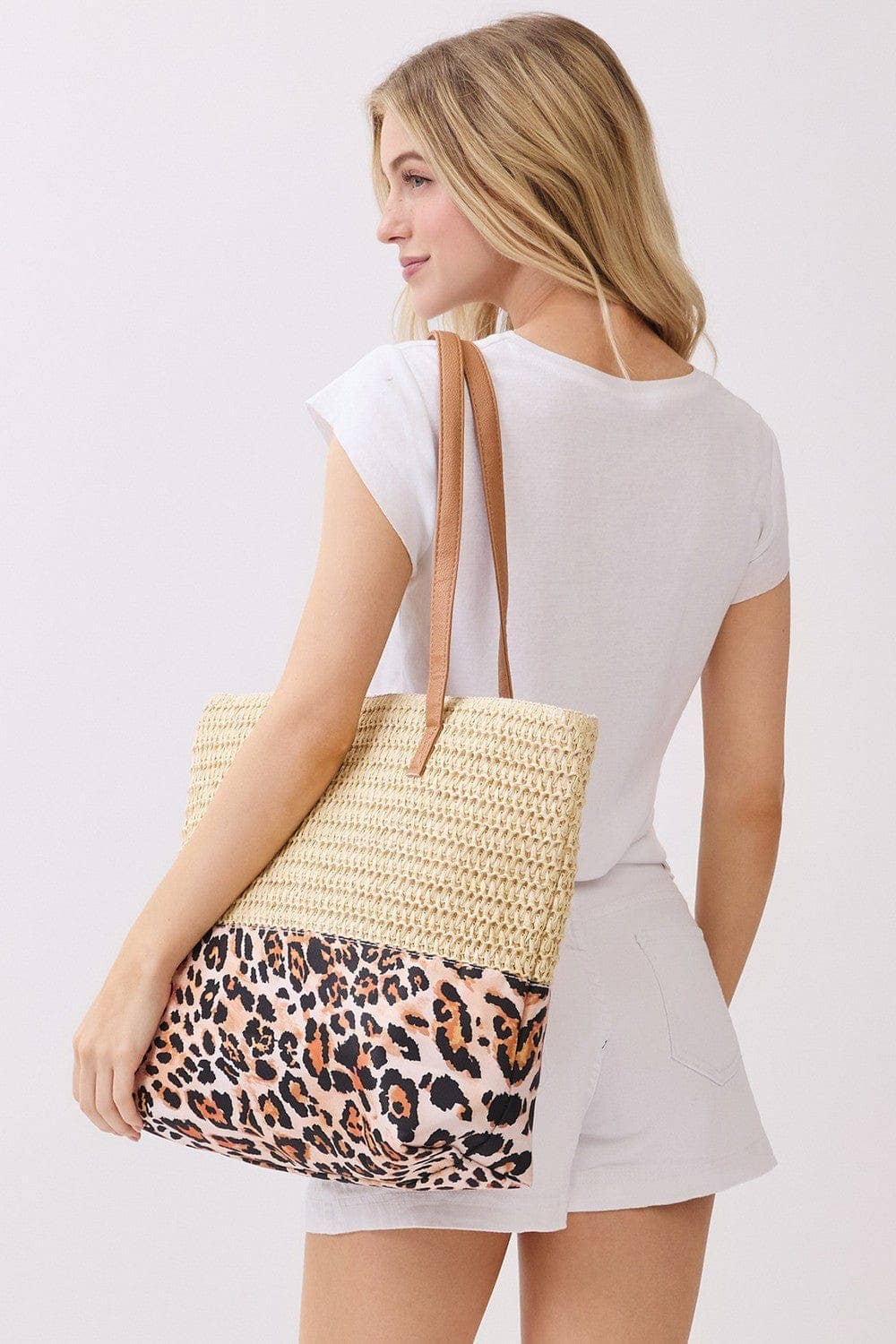 MB0352 Leopard Print Straw Tote Bag