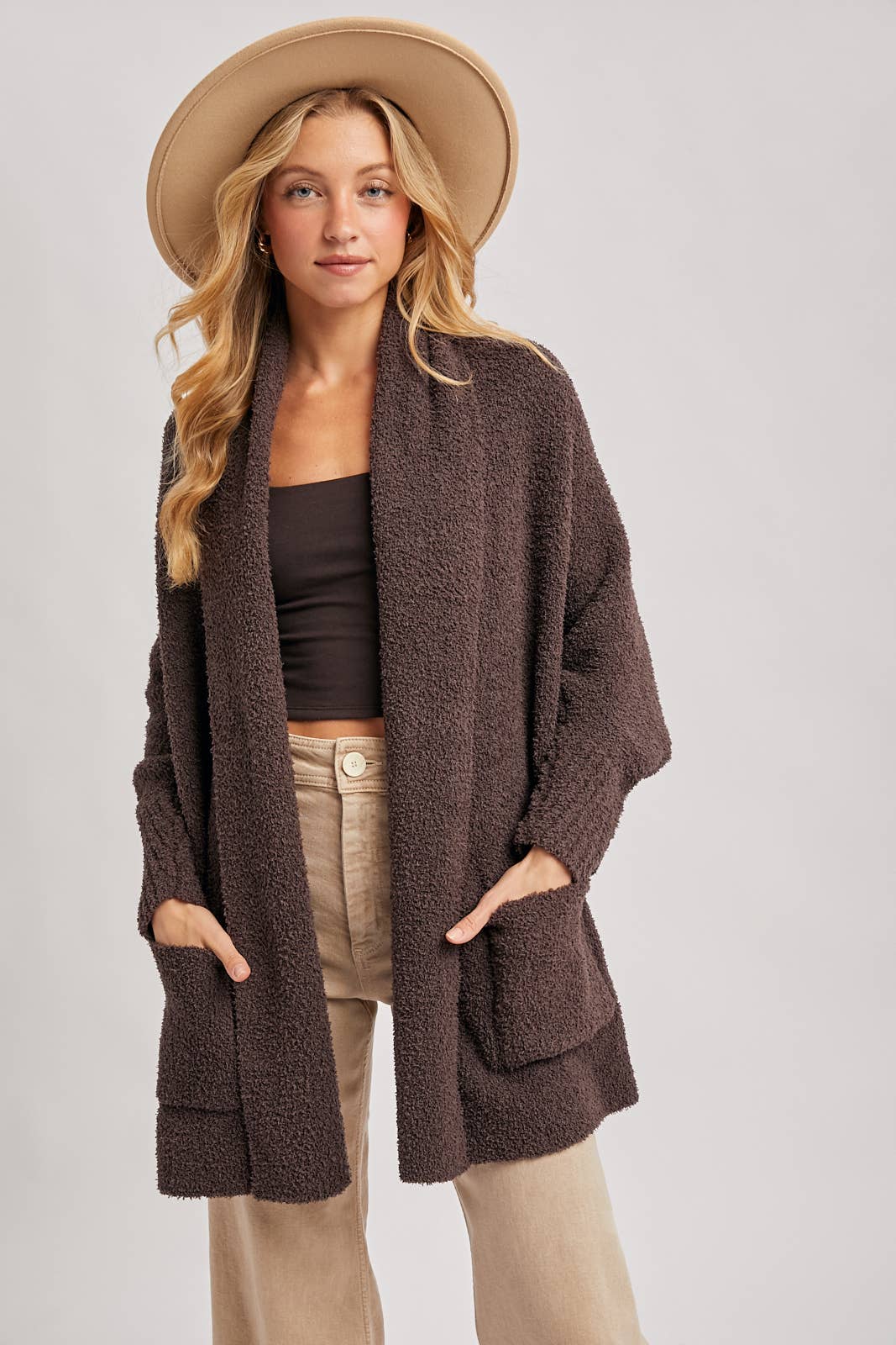OPEN FRONT BLANKET WRAP BOUCLE KNIT SWEATER CARDIGAN