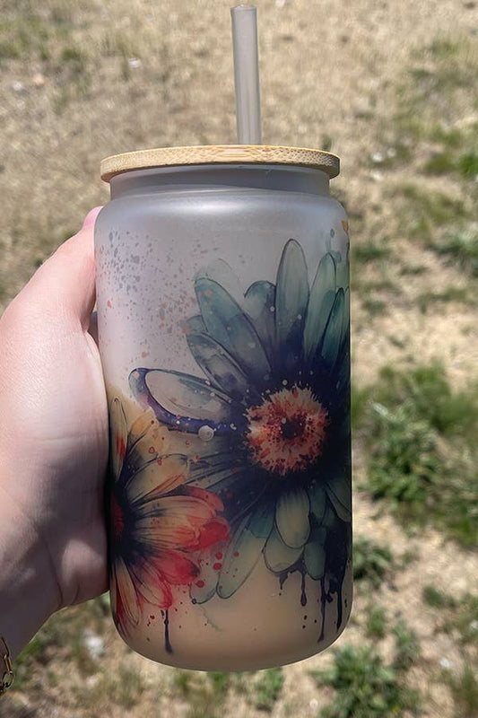 Watercolor Daisy Glass Can
