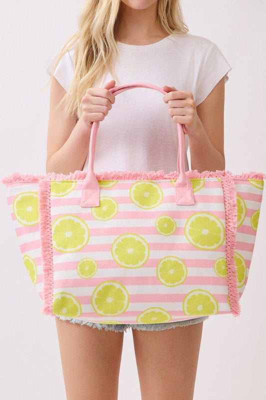 MB0332 Lemon Stripe Fringe Beach Tote Bag