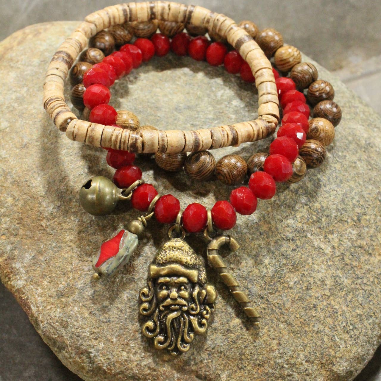 Czech Stone & Bronze Santa Stretch Bracelet Set