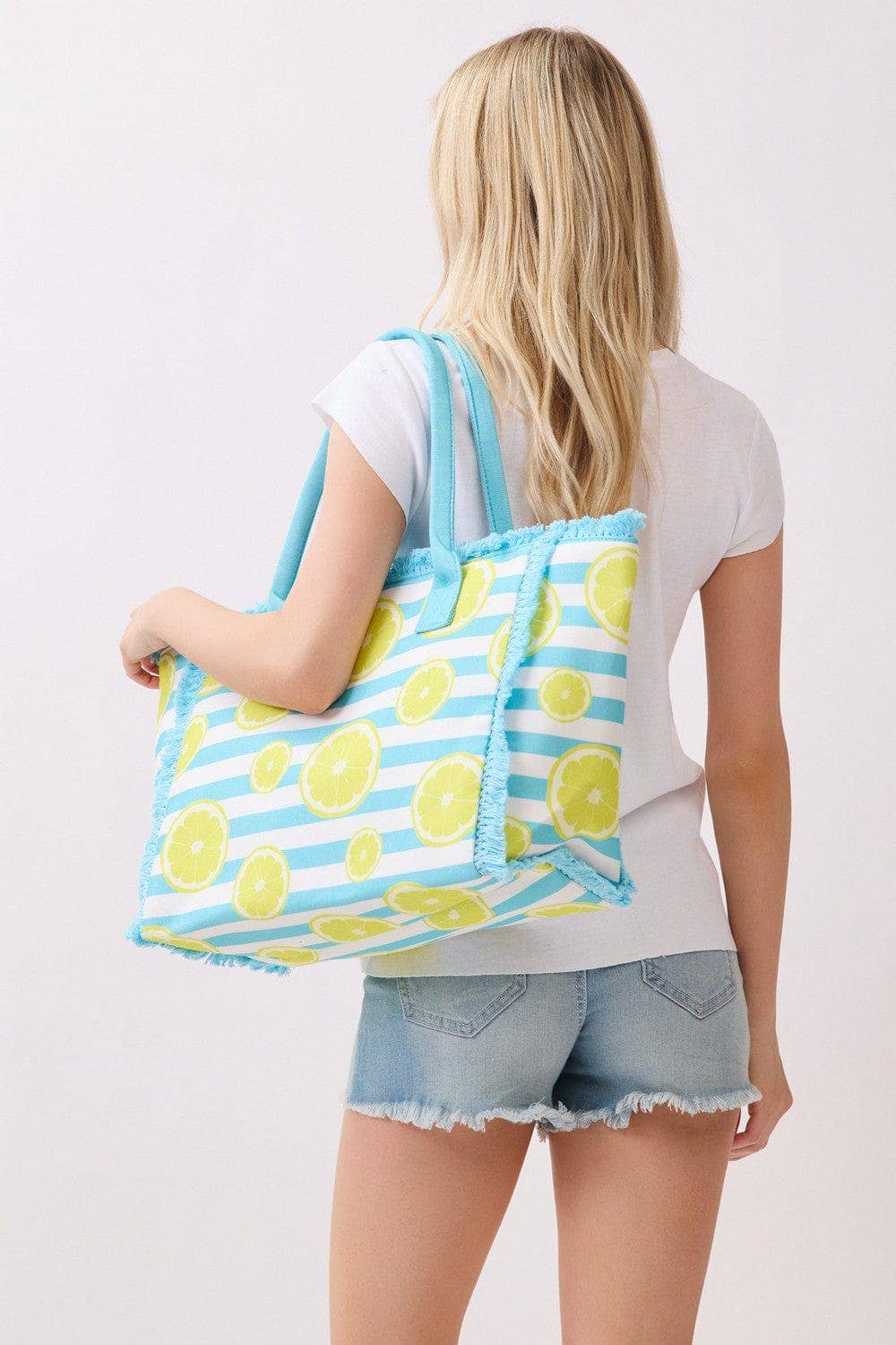 MB0332 Lemon Stripe Fringe Beach Tote Bag
