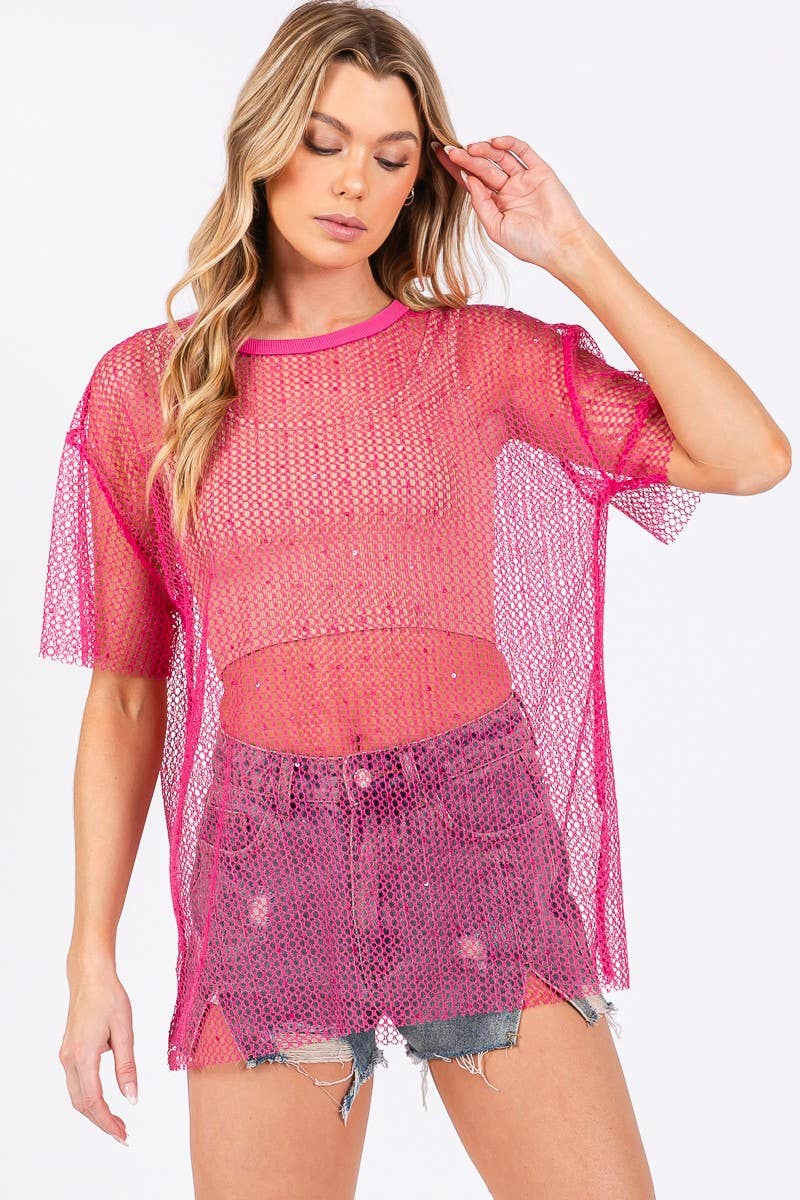 Hot Pink Sparkle Fishnet Top