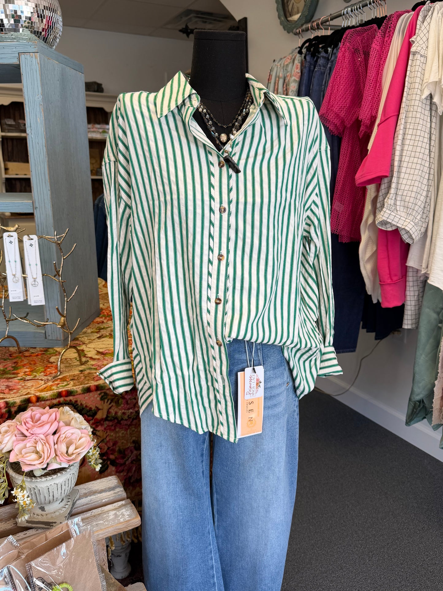 Green Striped Button-Up