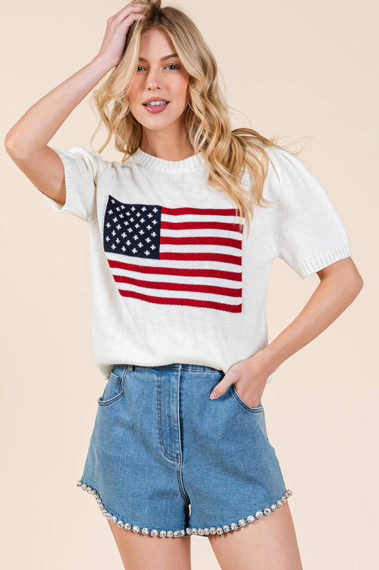American Flag Short Sleeve Knit Top, OT51227-1