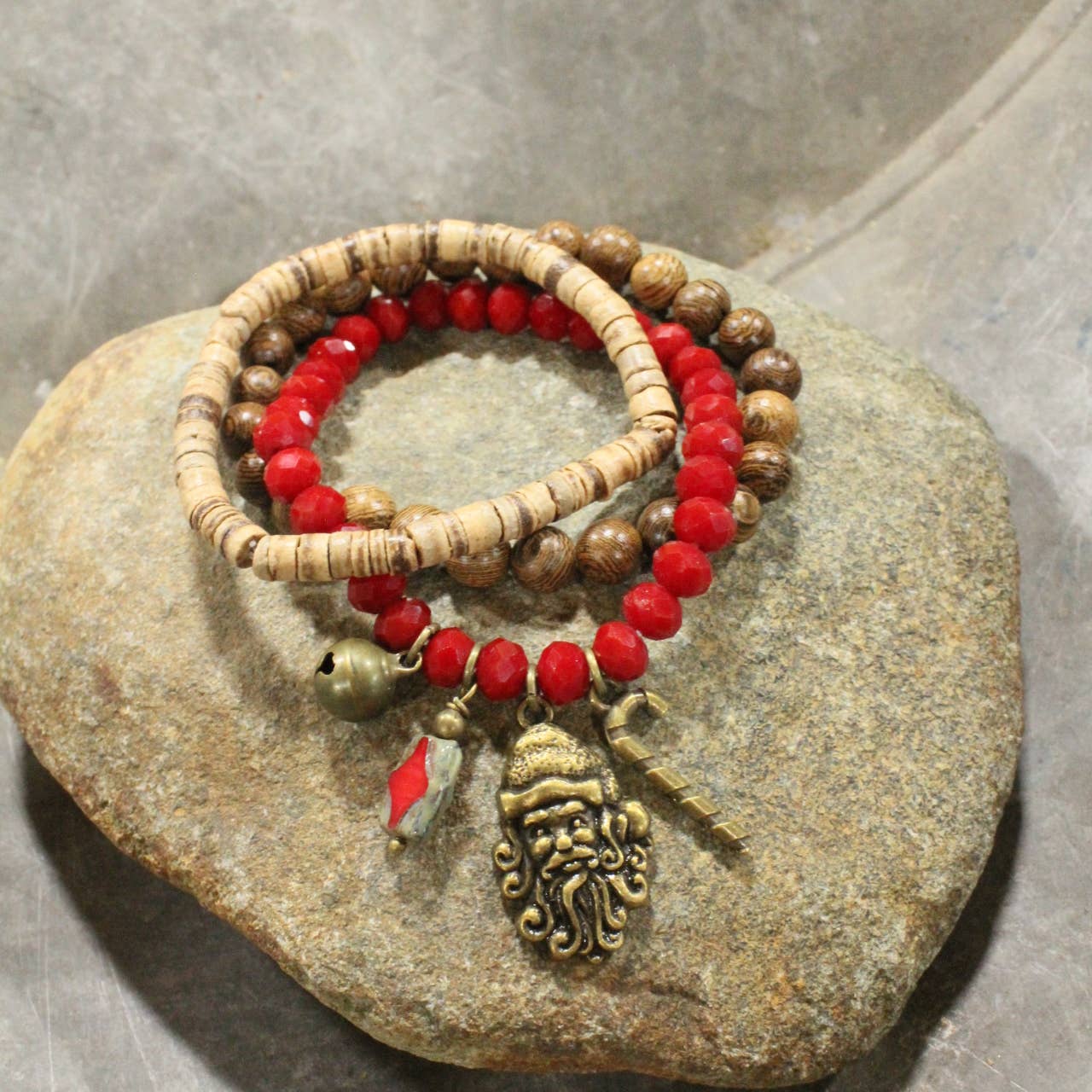 Czech Stone & Bronze Santa Stretch Bracelet Set