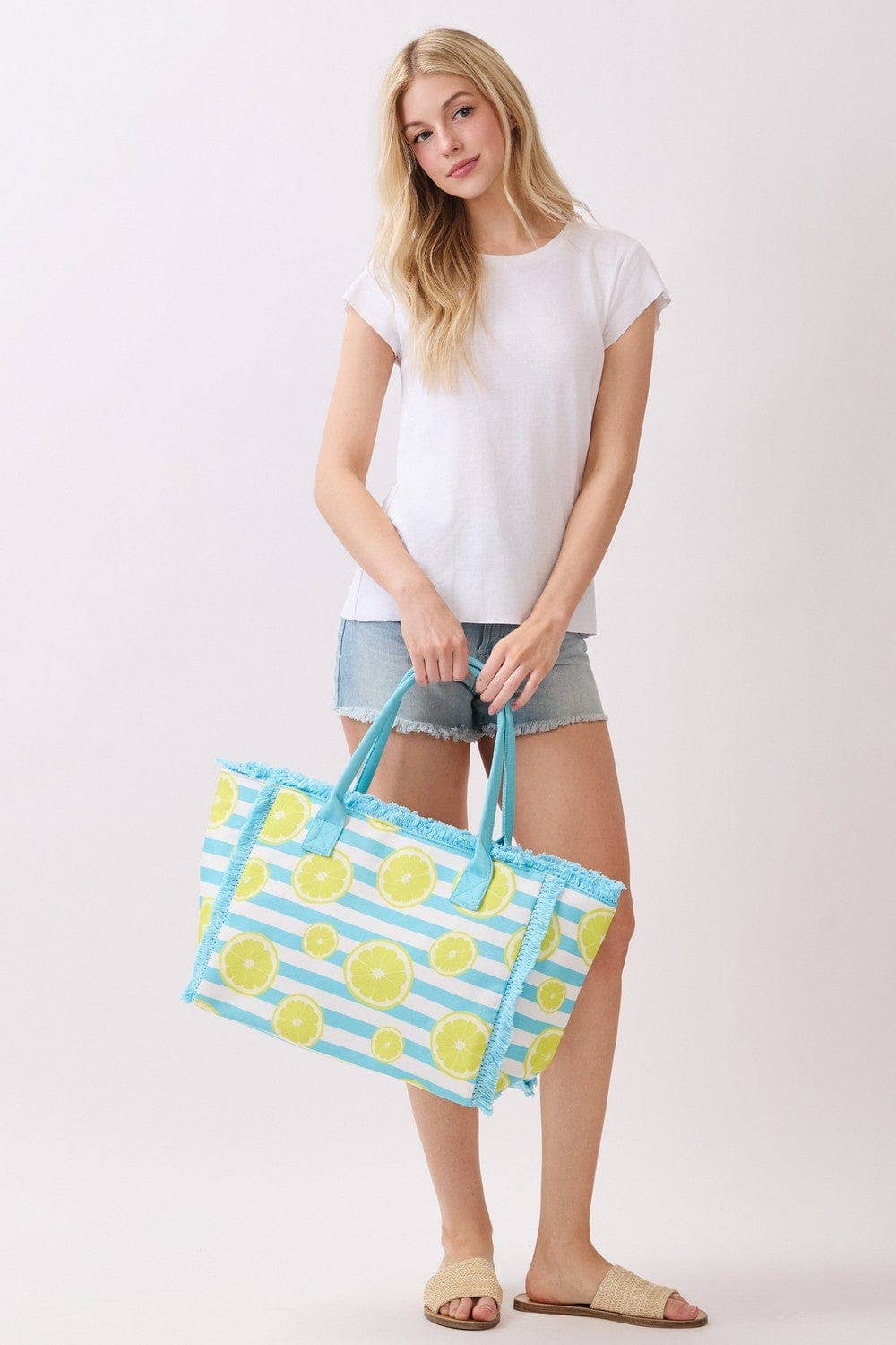 MB0332 Lemon Stripe Fringe Beach Tote Bag