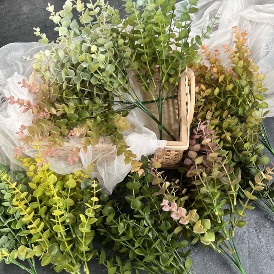 13''T Faux Eucalyptus Greenery Bunch, Autumn Orange Green