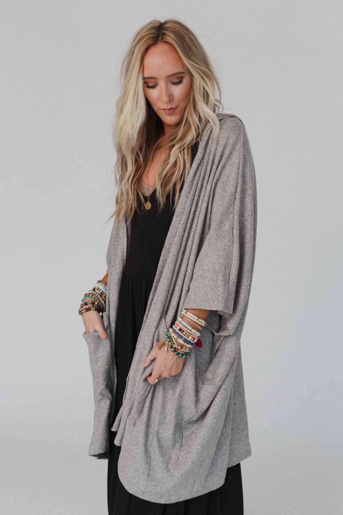 Boho Hooded Ribbed Sweater - Oatmeal