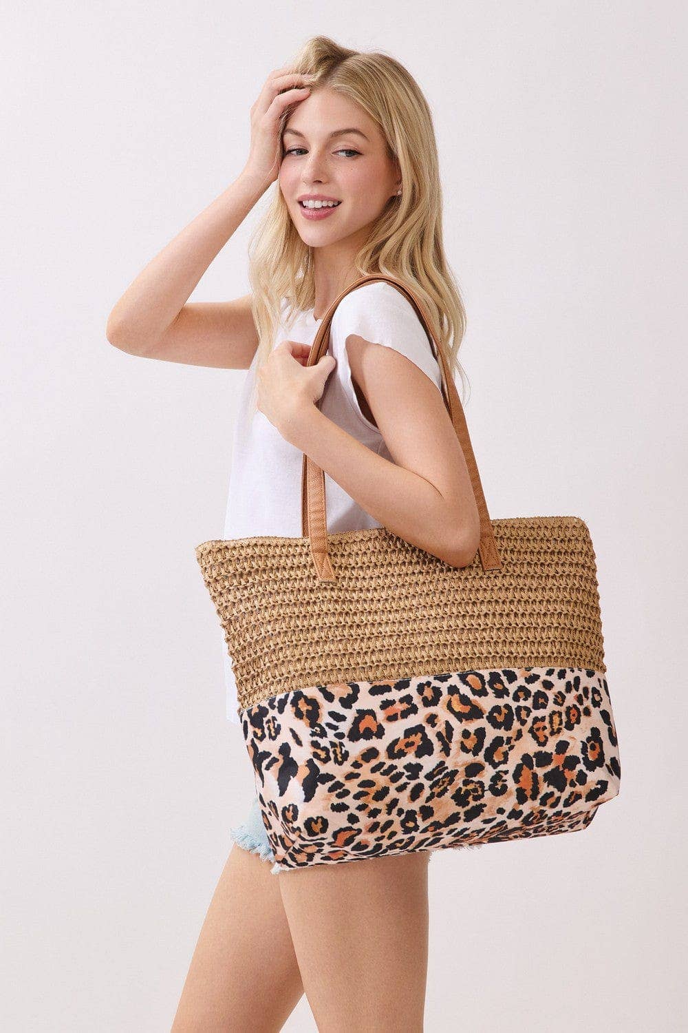 MB0352 Leopard Print Straw Tote Bag