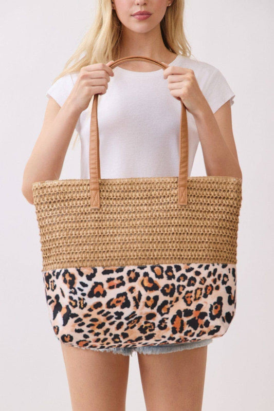MB0352 Leopard Print Straw Tote Bag