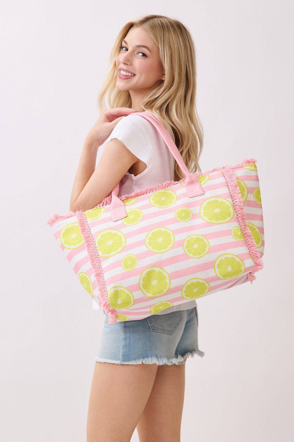 MB0332 Lemon Stripe Fringe Beach Tote Bag