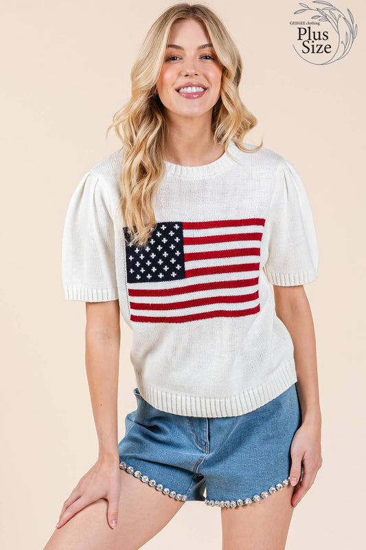 Plus American Flag Short Sleeve Knit Top, OT51227PL