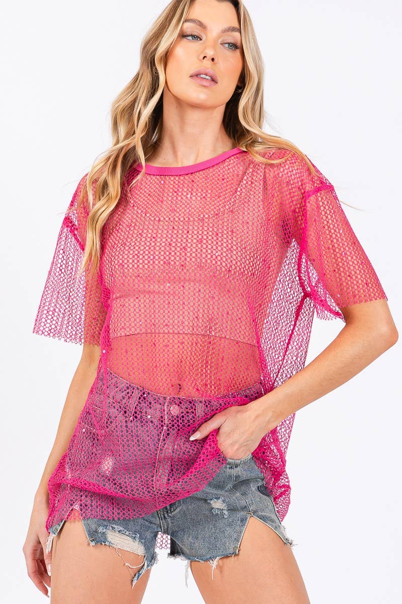 Hot Pink Sparkle Fishnet Top