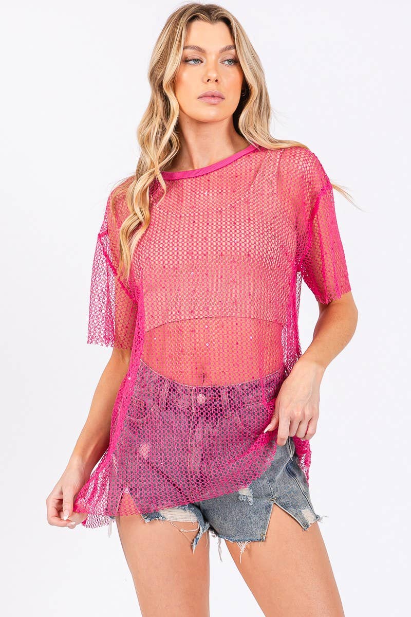 Hot Pink Sparkle Fishnet Top