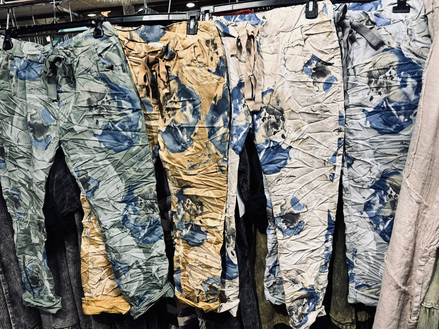 Crinkled Joggers w/Watercolor Print and Drawstring Waist
