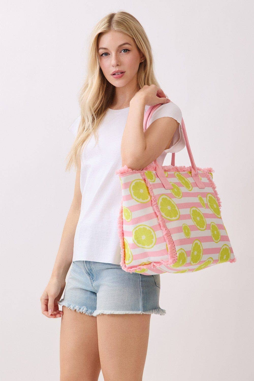 MB0332 Lemon Stripe Fringe Beach Tote Bag