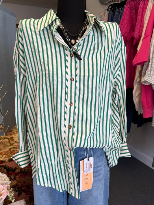 Green Striped Button-Up