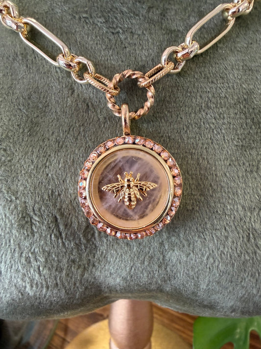 Mustard Seed Rose Quartz Bee Necklace