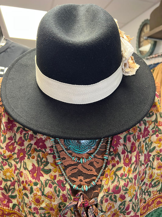 Handcrafted Rancher Hat with Vintage Lace & Pearl Detail