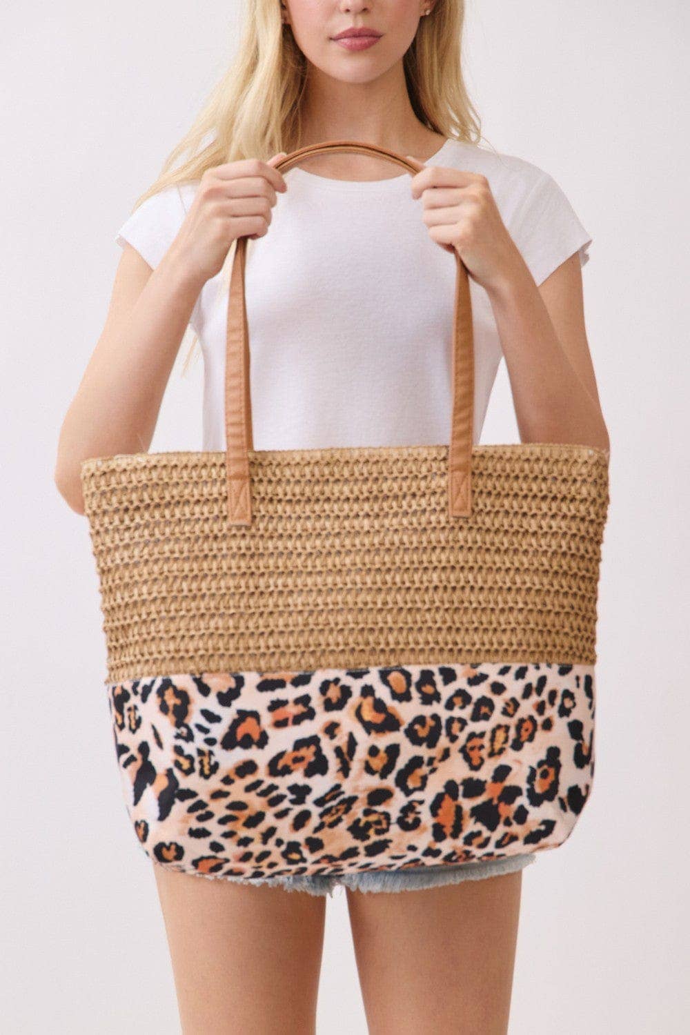 MB0352 Leopard Print Straw Tote Bag