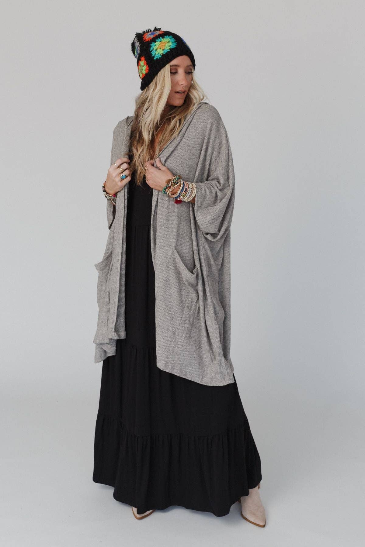 Boho Hooded Ribbed Sweater - Oatmeal