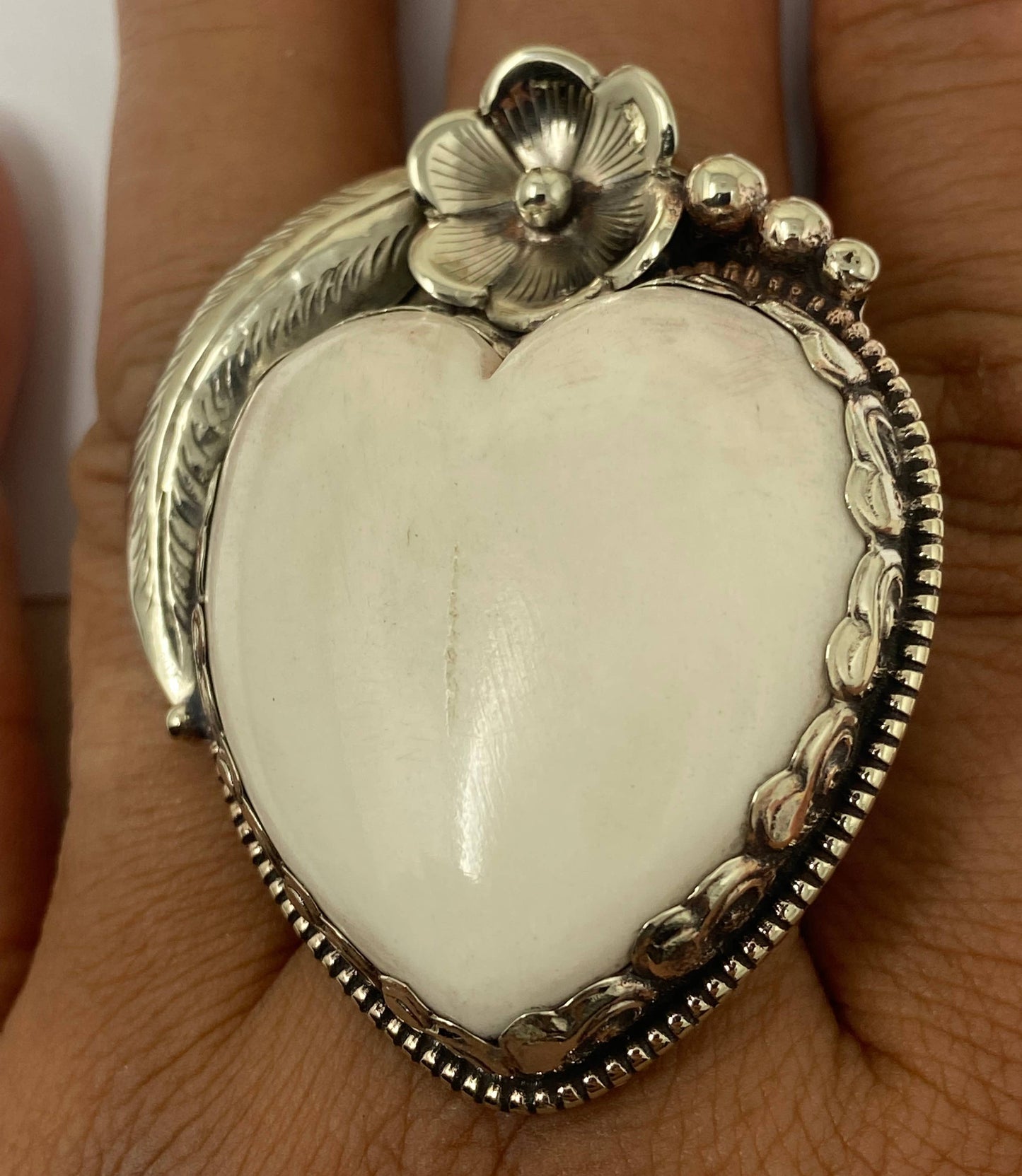 Bone  Heart flower and feather Ring