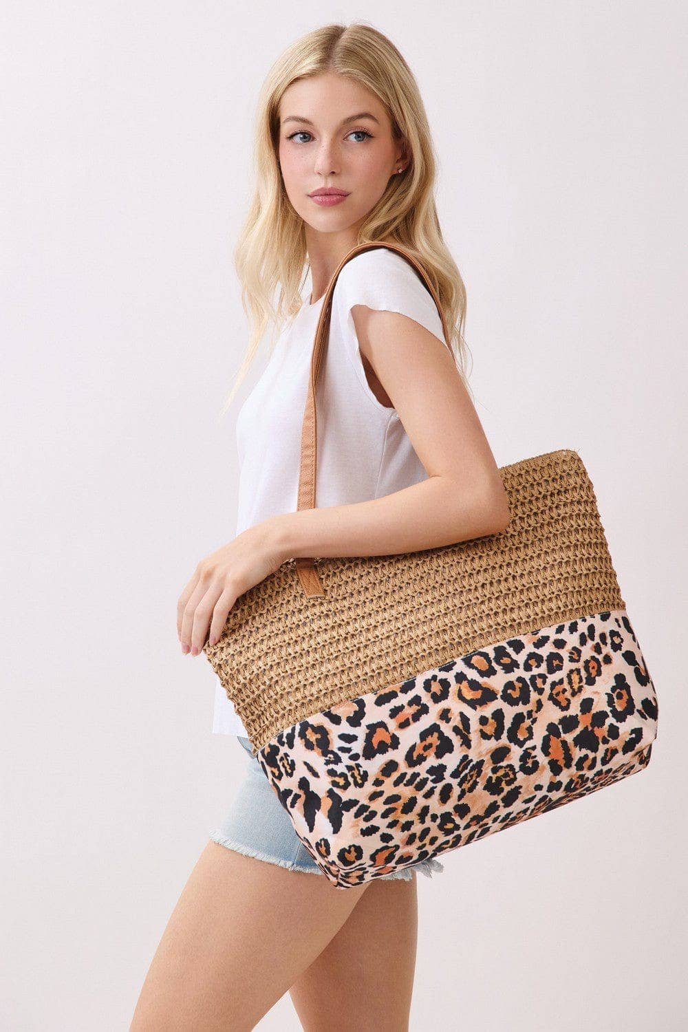MB0352 Leopard Print Straw Tote Bag