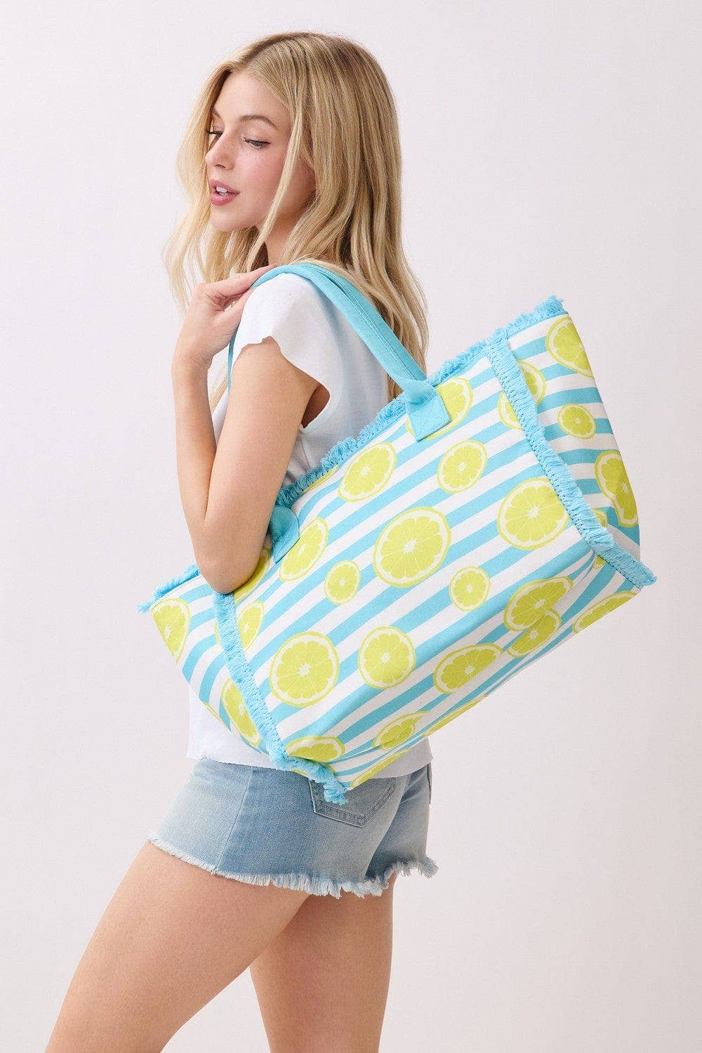 MB0332 Lemon Stripe Fringe Beach Tote Bag