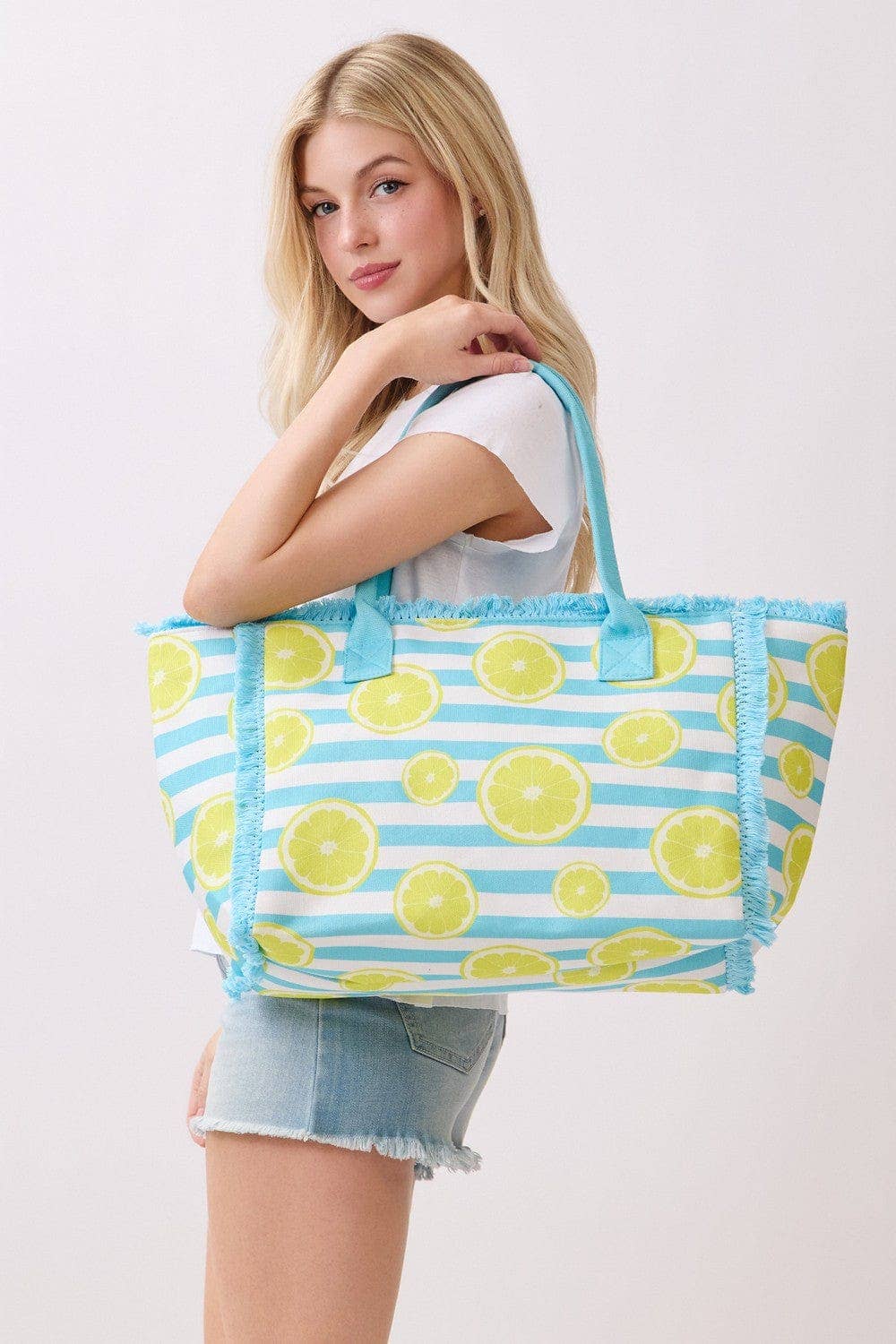 MB0332 Lemon Stripe Fringe Beach Tote Bag